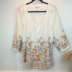 Pale Sky Emmy boho / Cottagecore floral embroidered long-sleeve white top large